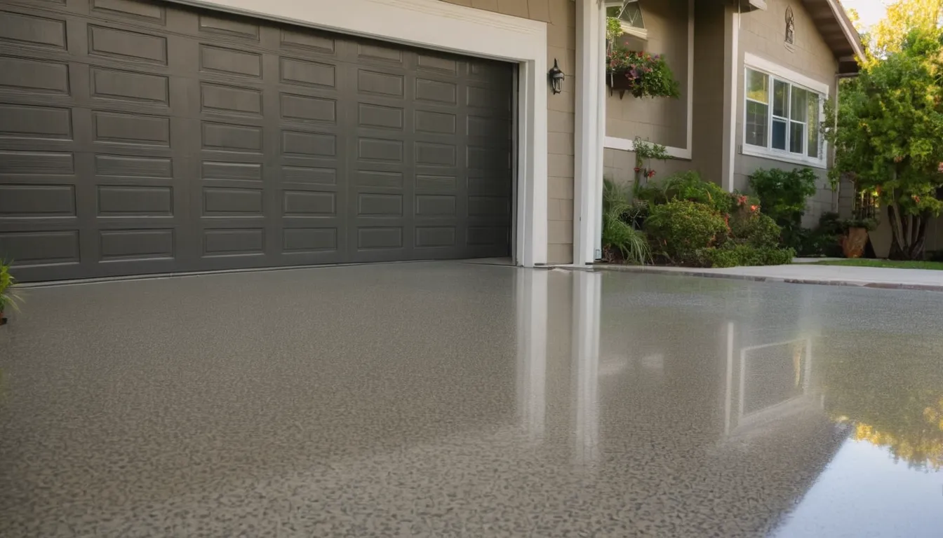 Garage floor with fresh gray flake epoxy coating in a Deltona home